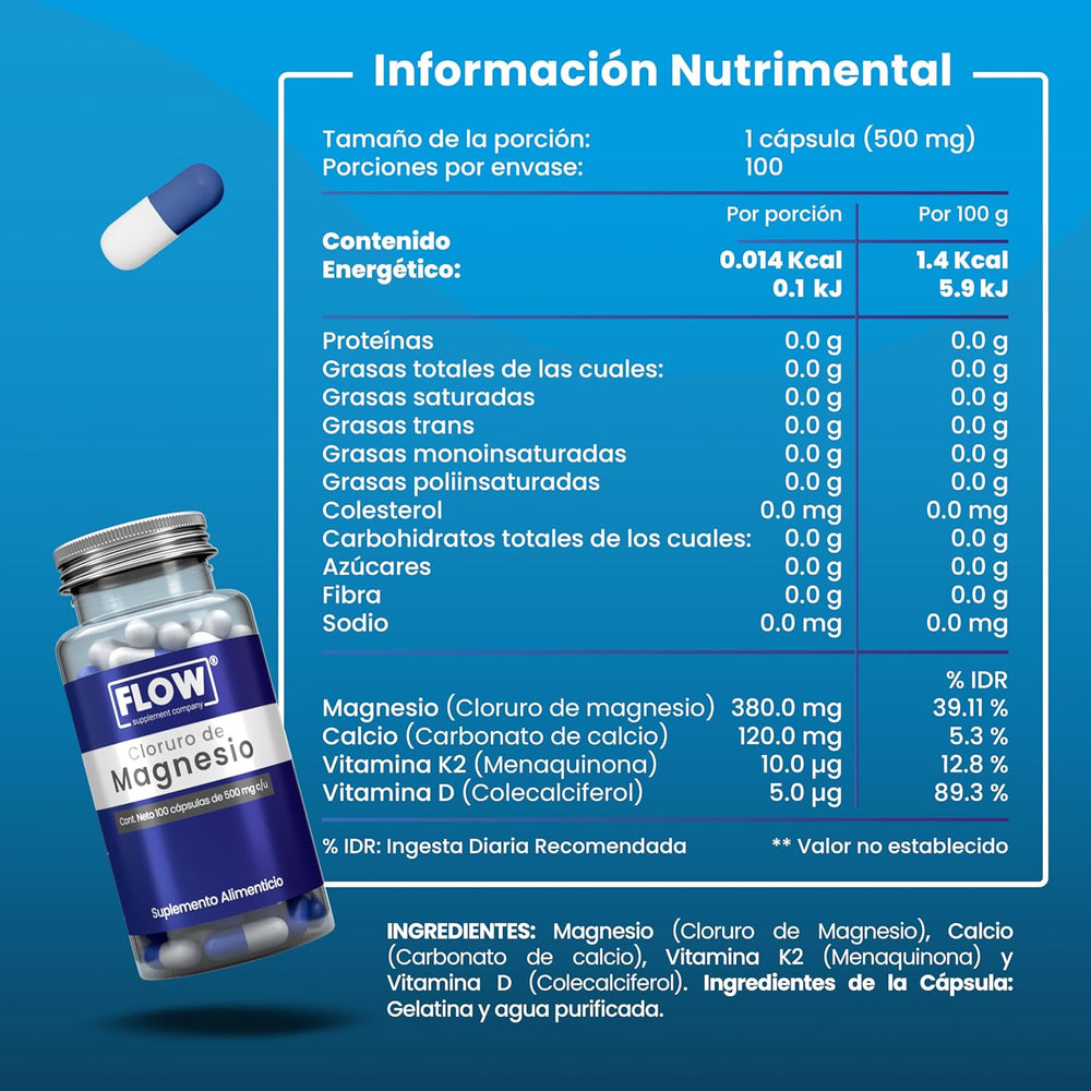 Cloruro De Magnesio + Vitamina K2 + Vitamina D + Calcio / 100 cápsulas de 500 mg c/u