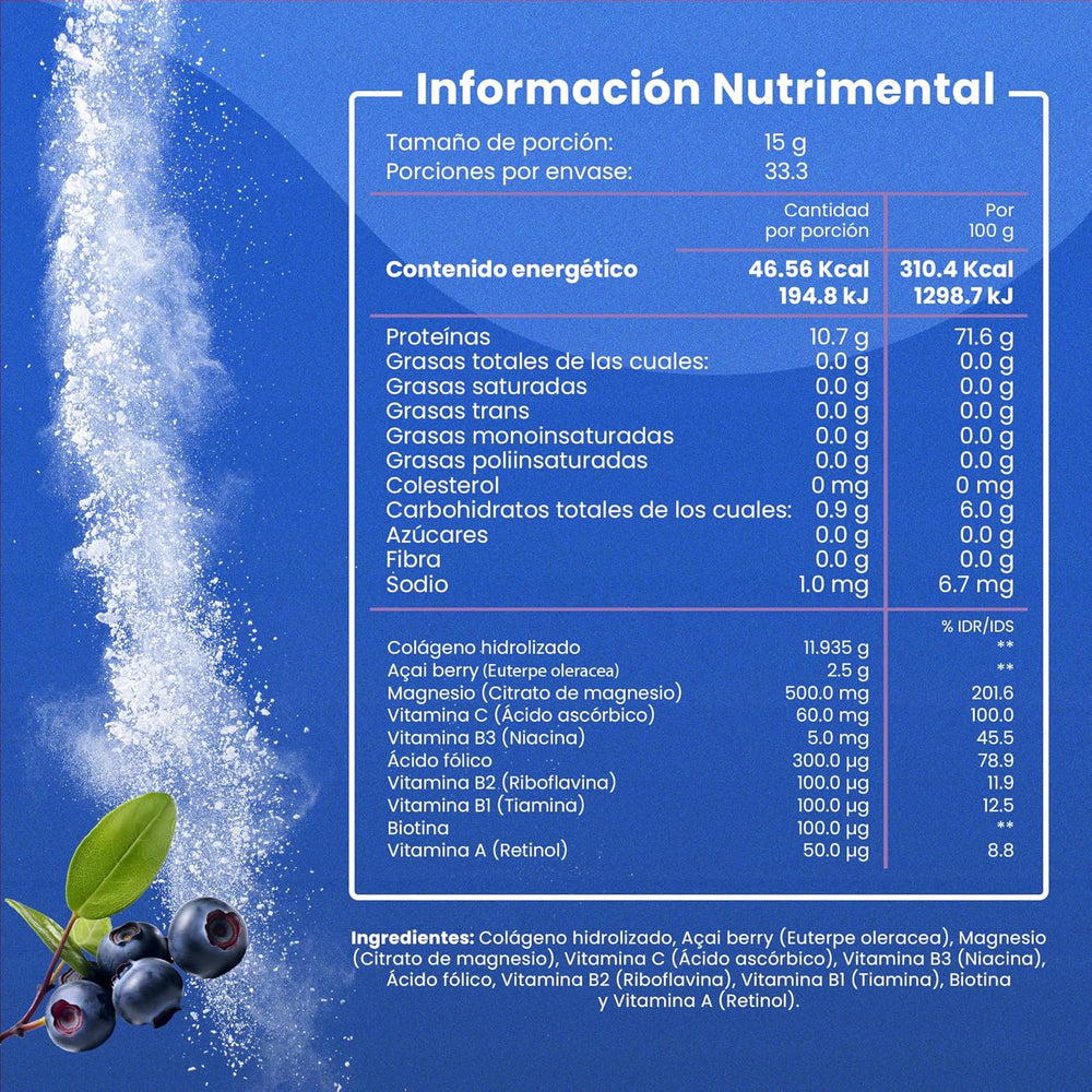 Colágeno Hidrolizado + Açaí + Cloruro de Magnesio / 500 gr