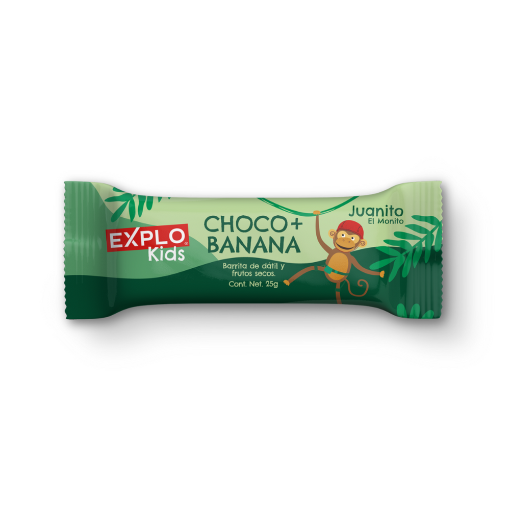 EXPLO KIDS CHOCO BANANA CON JUANITO EL MONITO BARRA ENERGETICA PARA NIÑOS HECHA CON DATIL Y FRUTOS SECOS