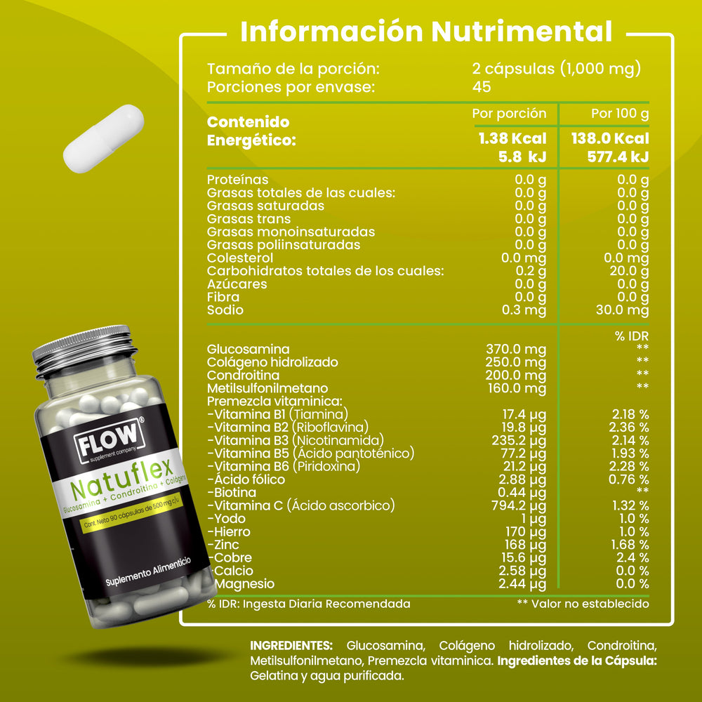 Natuflex / Glucosamina + Condroitina + Colágeno / 90 cápsulas de 500 mg c/u