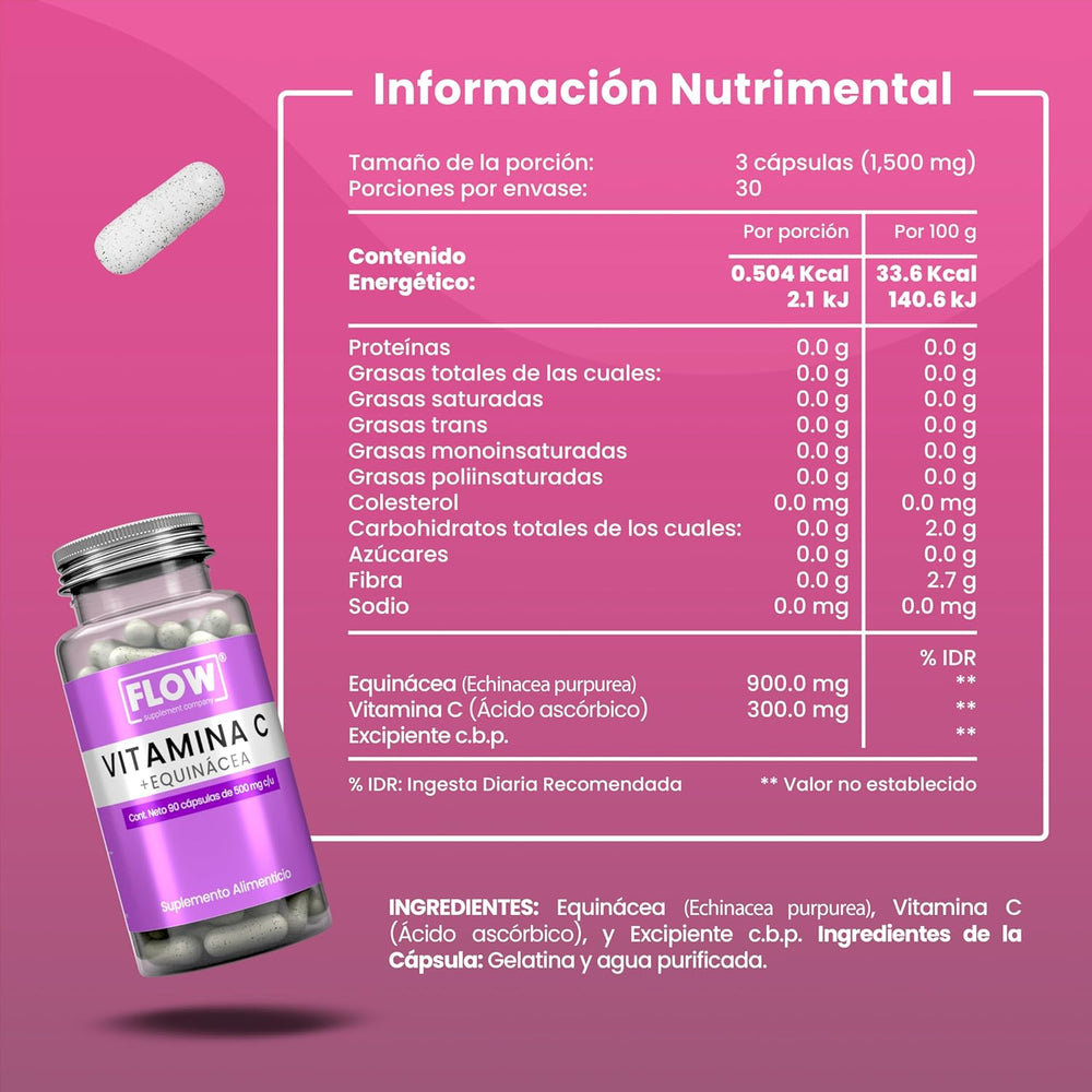 Vitamina C + Equinácea / 90 cápsulas de 500 mg c/u