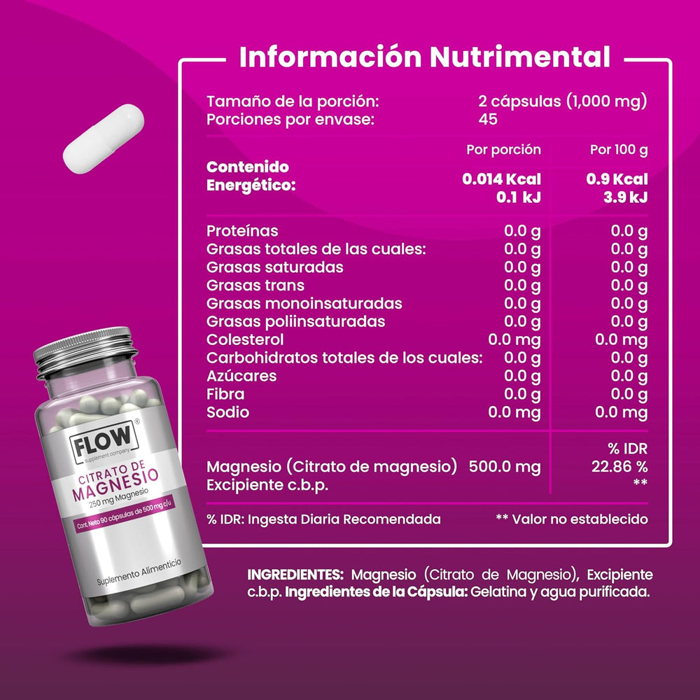 Citrato de Magnesio / 90 cápsulas de 500 mg c/u