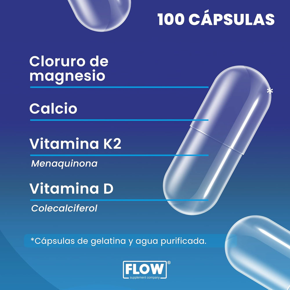 Cloruro De Magnesio + Vitamina K2 +  Vitamina D + Calcio / 100 cápsulas de 500 mg c/u