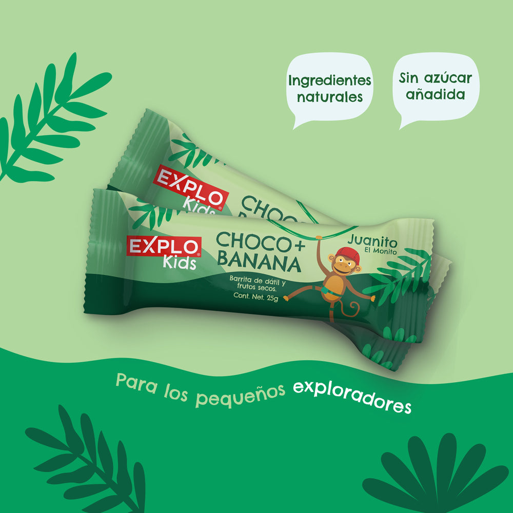 EXPLO KIDS CHOCO BANANA CON JUANITO EL MONITO BARRA ENERGETICA PARA NIÑOS HECHA CON DATIL Y FRUTOS SECOS