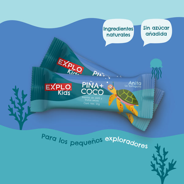 EXPLO KIDS PIÑA Y COCO CON ANITA LA TORTUGUITA BARRA ENERGETICA PARA NIÑOS HECHA CON DATIL Y FRUTOS SECOS