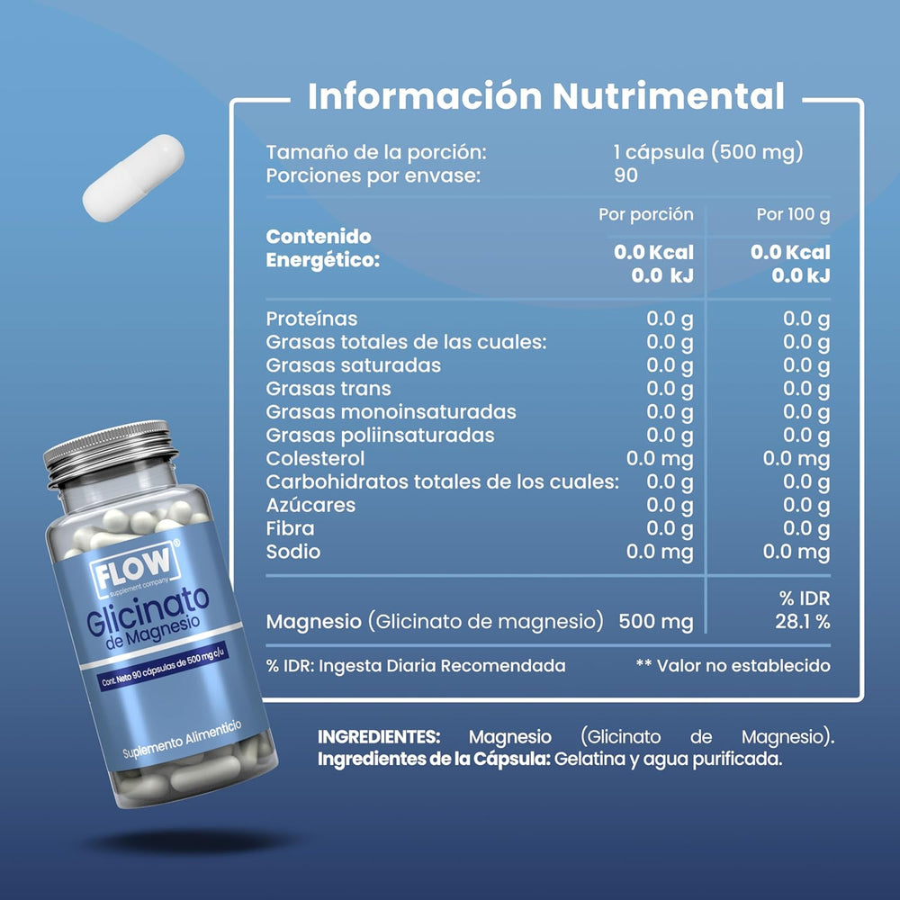 Glicinato de Magnesio / 90 cápsulas de 500 mg c/u